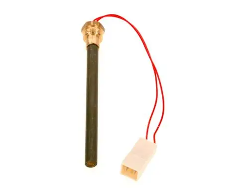 Zündelement von Bosch mit einem langen, metallischen Stab und zwei roten Drähten, die an einen weißen Stecker führen.